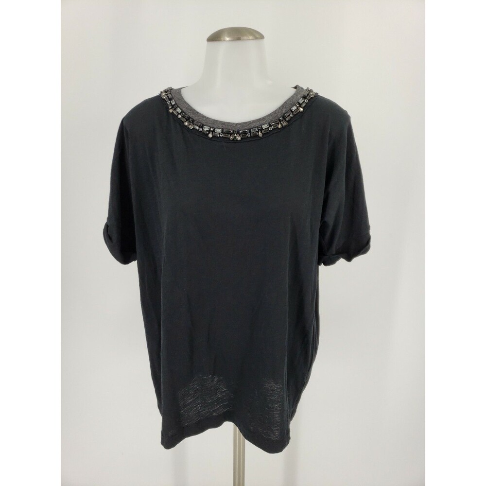 J.Crew Black Jeweled Roll-Sleeve T-Shirt Cotton Knit Top Size S Small